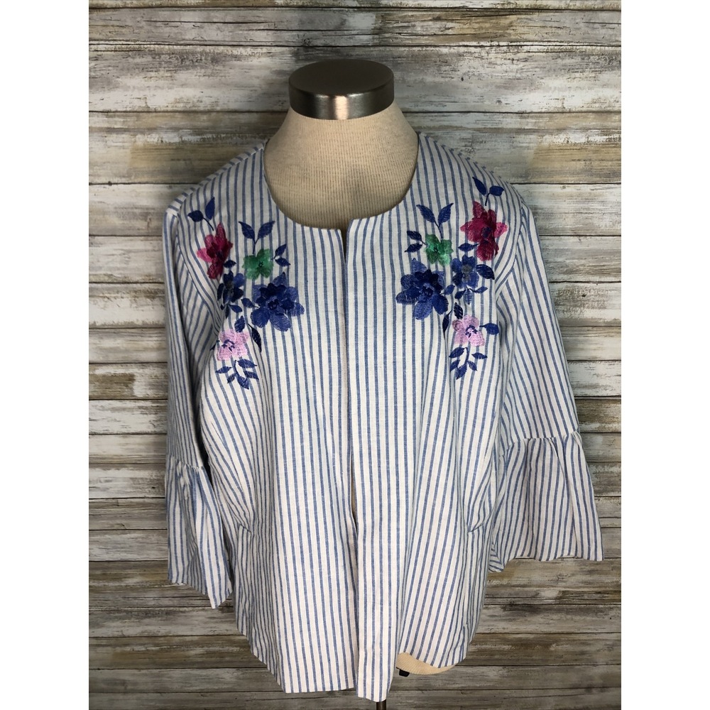 Jessica London‎ Jacket Woman's Blue+White Stripe Linen Blend  Sz 20W